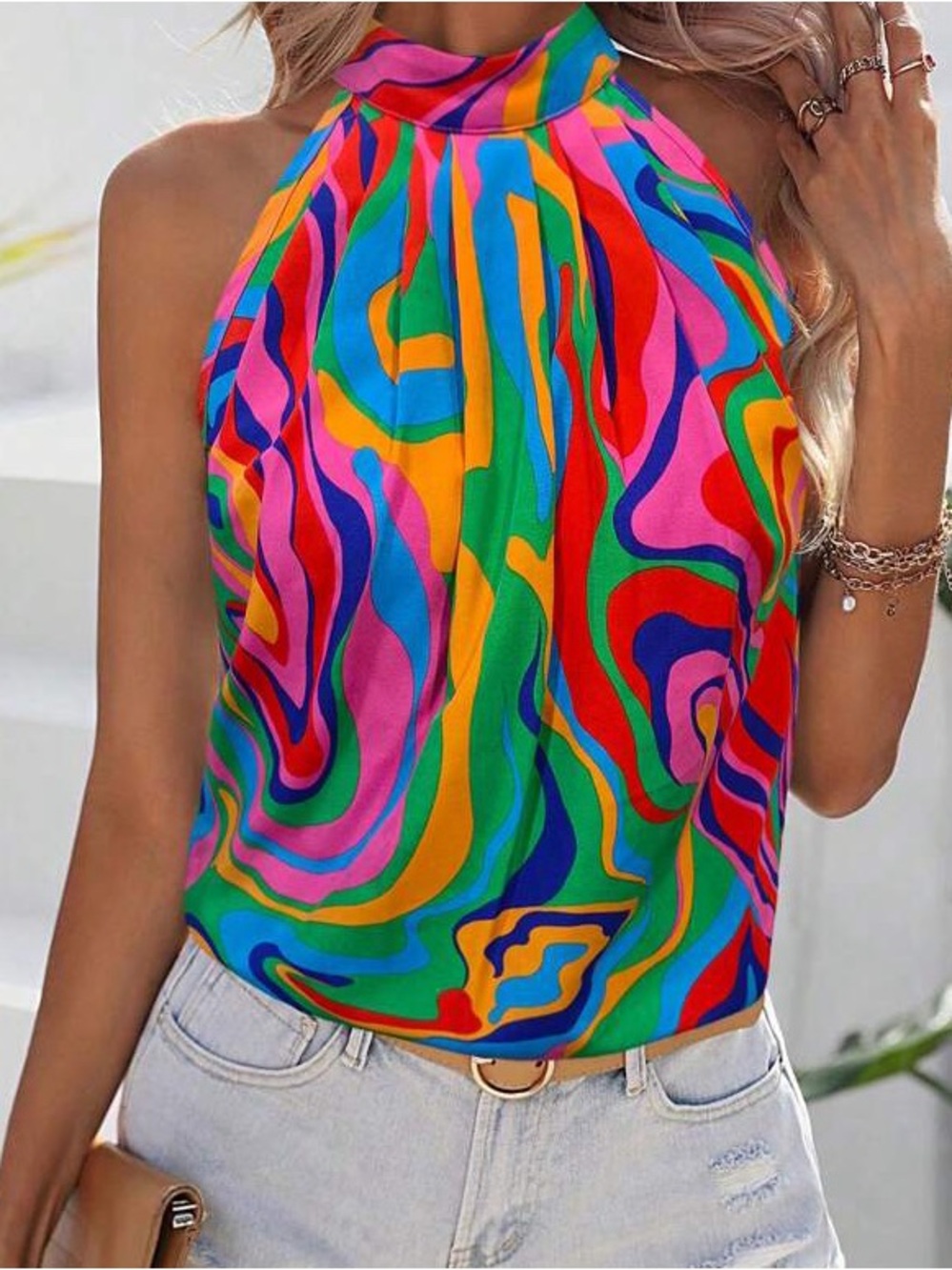 High Neck Sleeveless Abstract Colorful Swirl Tank Blouse Top Large